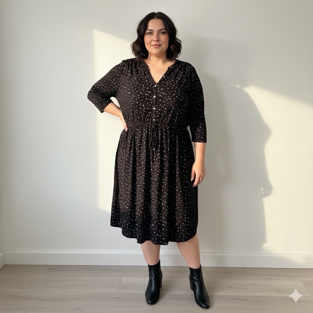 Penningtons Navy Blue 3/4 Sleeves Knee Length Polka Dot Dress Stretchy Size 3X - Picture 2 of 14